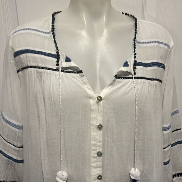 J.Jill cotton white with blue trim button down ocean breeze blouse size large - Picture 3 of 8